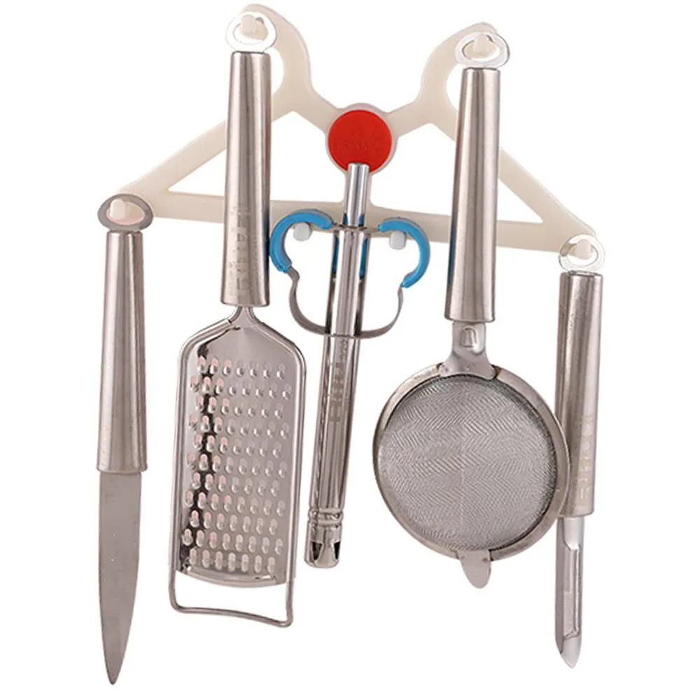 0724 5 In 1 Kitchen Combo - Stainless Steel Grater, Peeler, Kitchen Lighter, Knife and Strainer