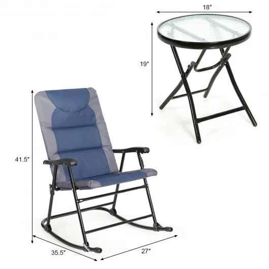 3 pcs Outdoor Folding Rocking Chair Table Set-Blue