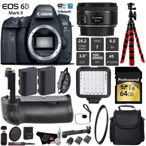 Canon EOS 6D Mark II DSLR Camera With 50mm 1.8 STM Lens   Professional Battery Grip   UV Protection Filter   LED Kit Pro Bundle