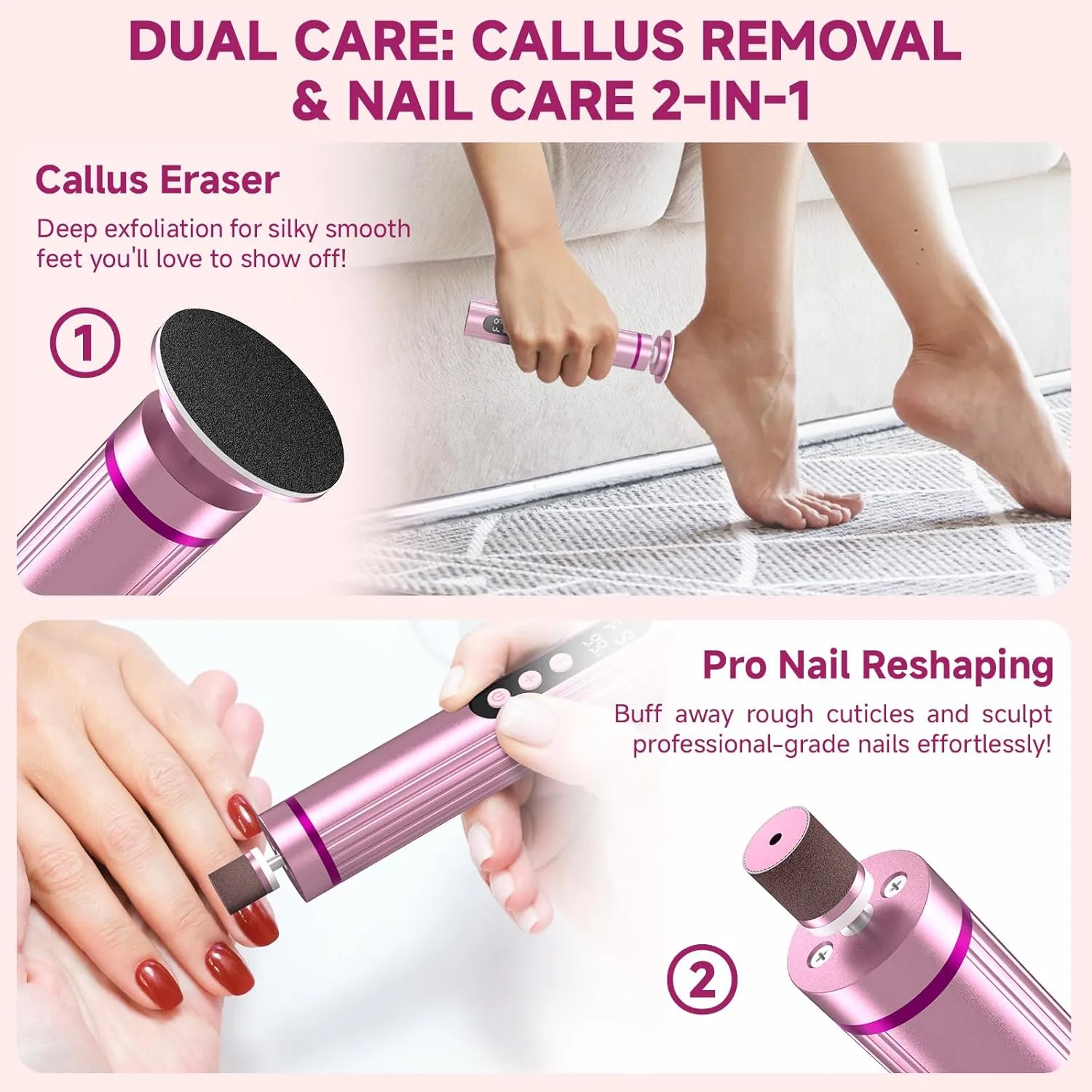 Electric Foot File Cordless, 2 in 1 Wireless Dermave Electric Foot Callus Remover, Adjustable 9 Speed Rechargeable Pedicure Foot Filer Tool w/Sandpaper Discs & Nail Drill Bits,Digital Display (Pink)