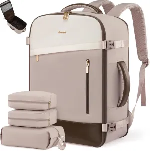 LOVEVOOK Travel Backpack For Women, 40L Carry On Backpack, Airline Approved Personal Item Travel Bag, Travel Essentials Water Resistant Daypack Weekender Bag Fits 17" Laptop, Pink-Beige-Coffee