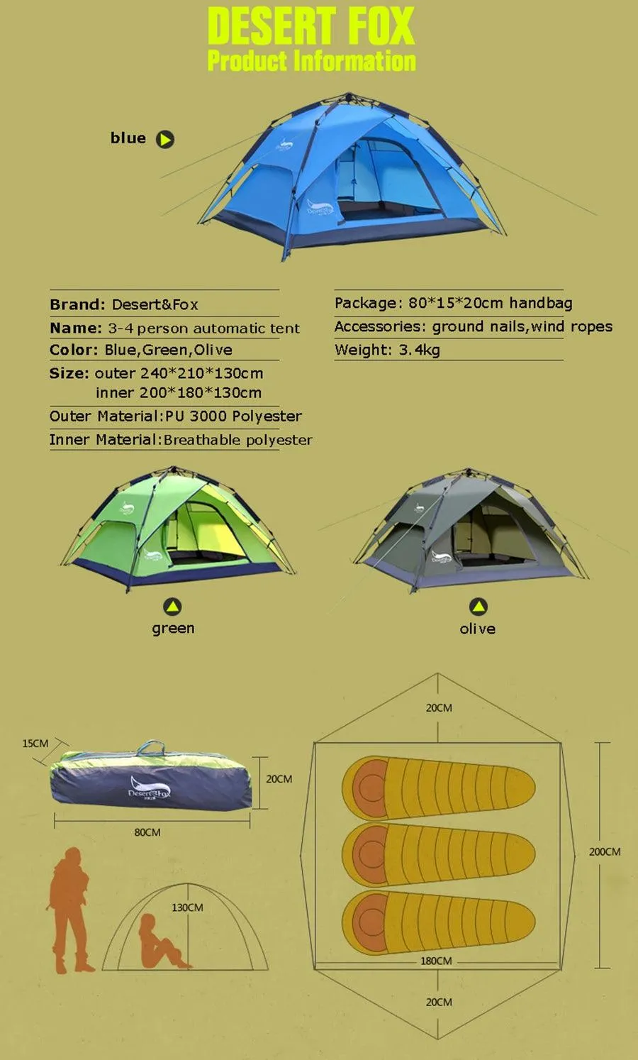 Portable Automatic Tent for 3-4 Person Family - Instant Setup for Hiking, Camping and Travel
