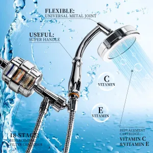 WiseWater Handheld Shower Head with Filter, 18 Stage Shower Filter for Hard Water, High Output Shower Water Filter With Hose, 1 Replacement